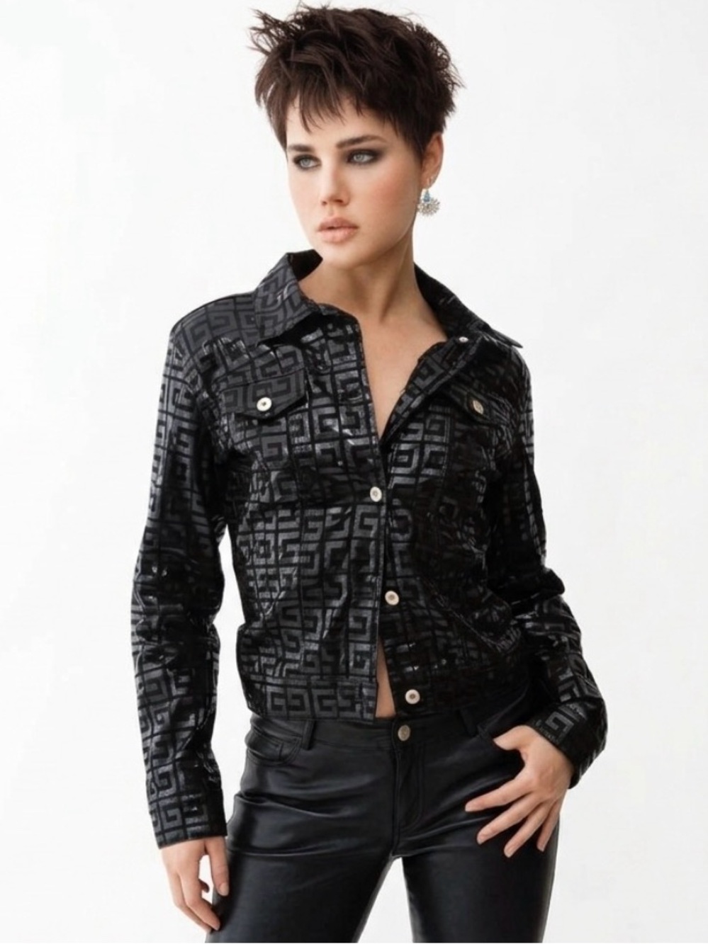 Vintage Guess Jeans Glamour Black Glossy Monogram Jacket Size Medium